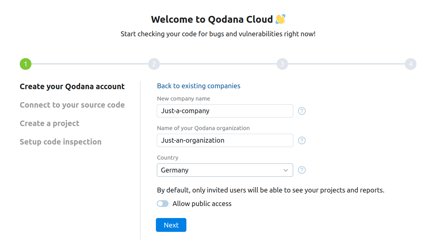 The first step of the Qodana Cloud onboarding