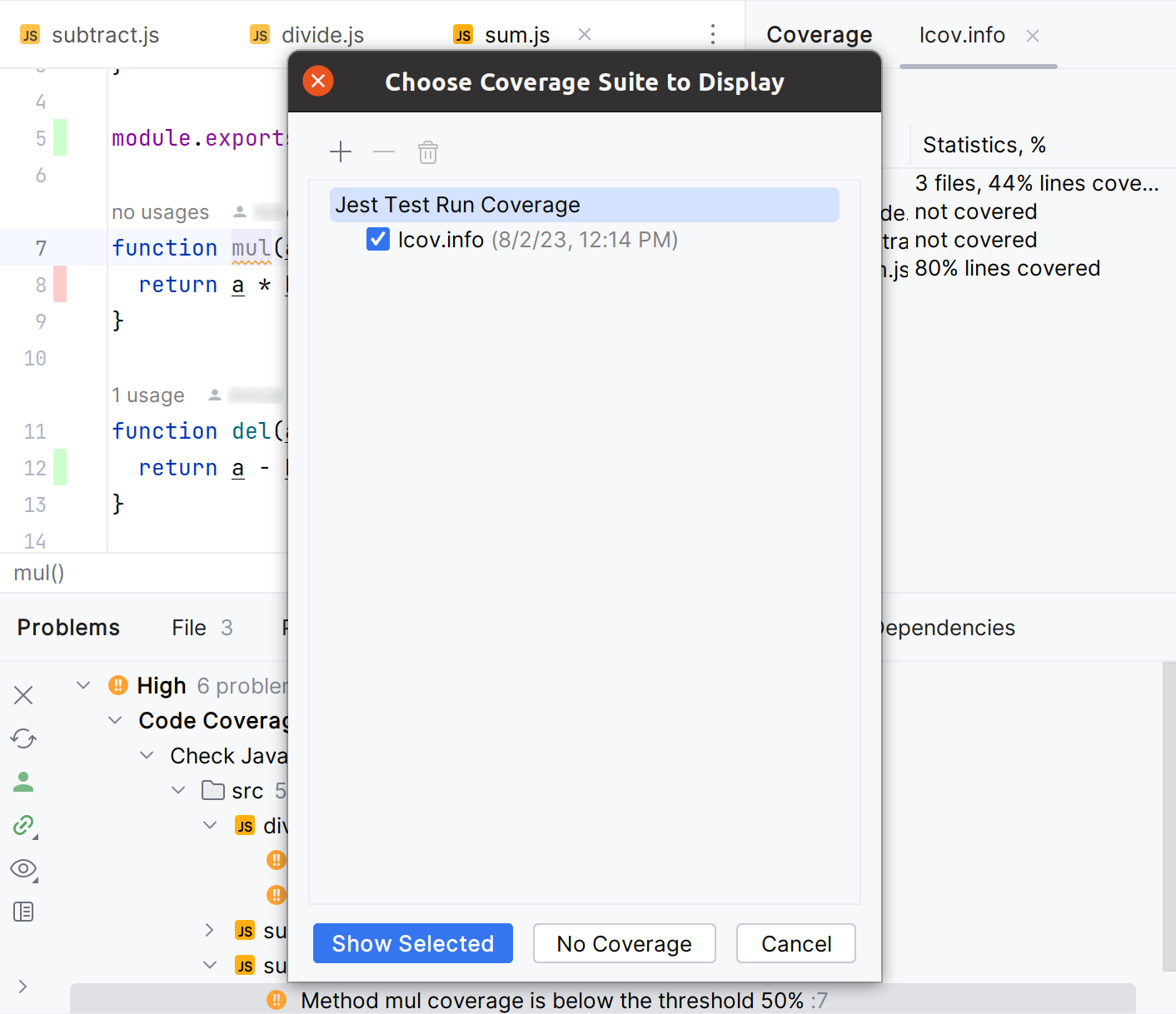 The Choose Coverage Suite to Display dialog