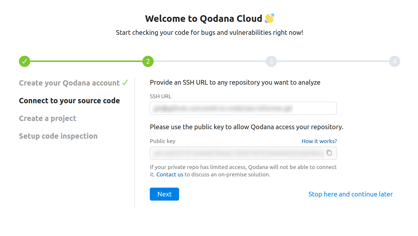 The public key generated during the second step of the Qodana Cloud onboarding