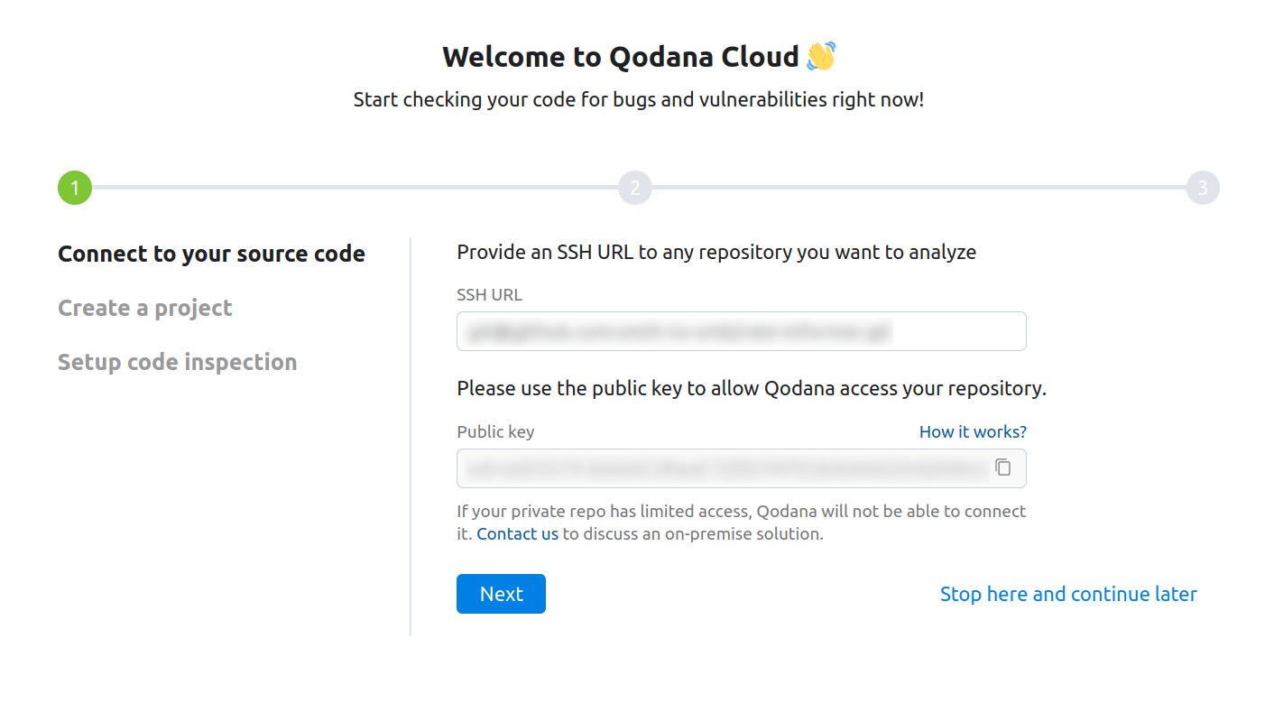 The public key generated during the second step of the Qodana Cloud onboarding