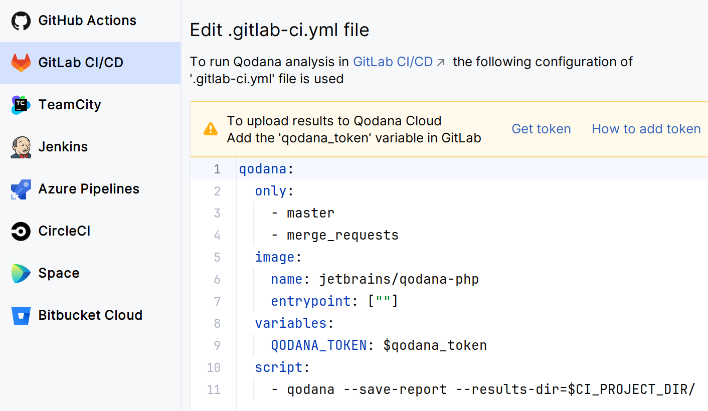 The Add Qodana to CI pipeline dialog