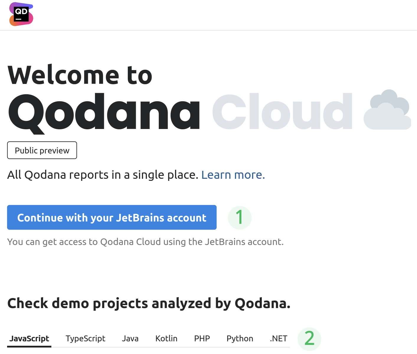 Qodana Cloud start page