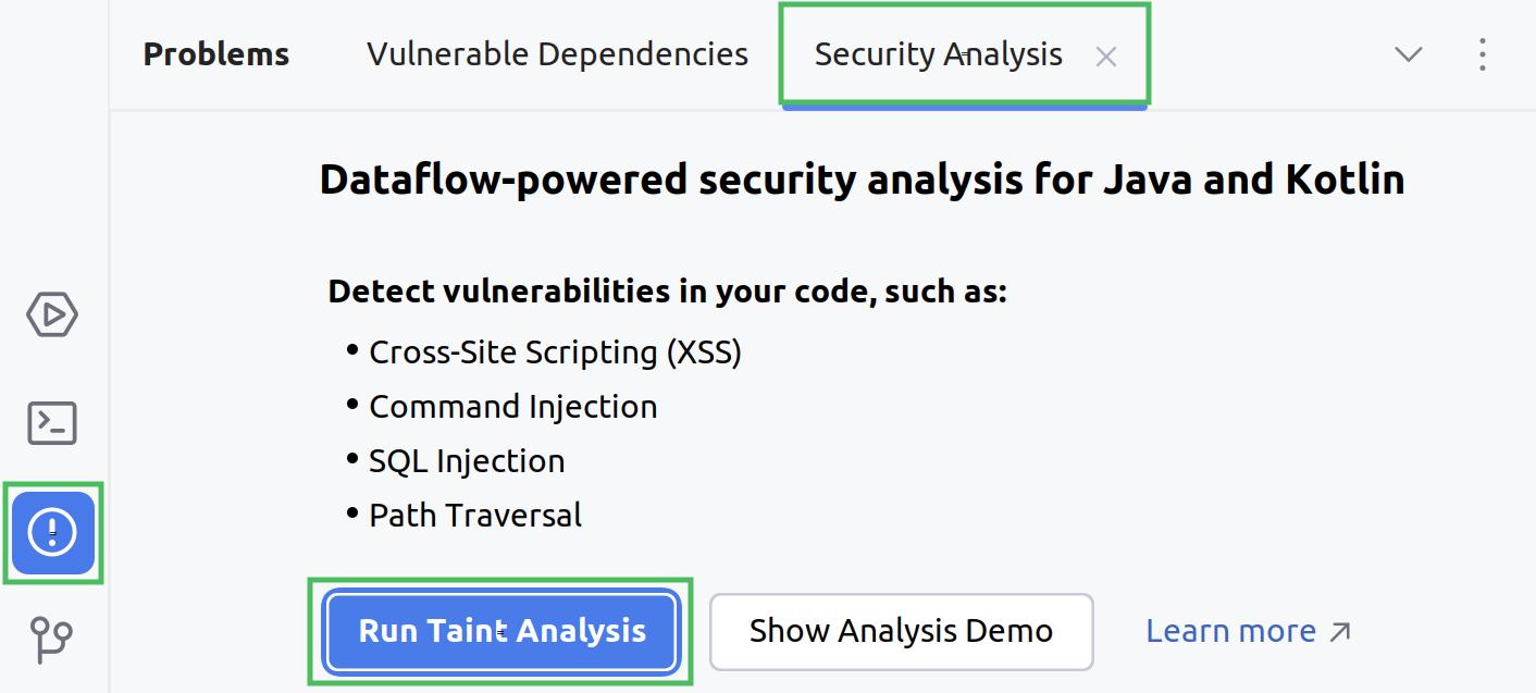 Running taint analysis from the Problems tool window