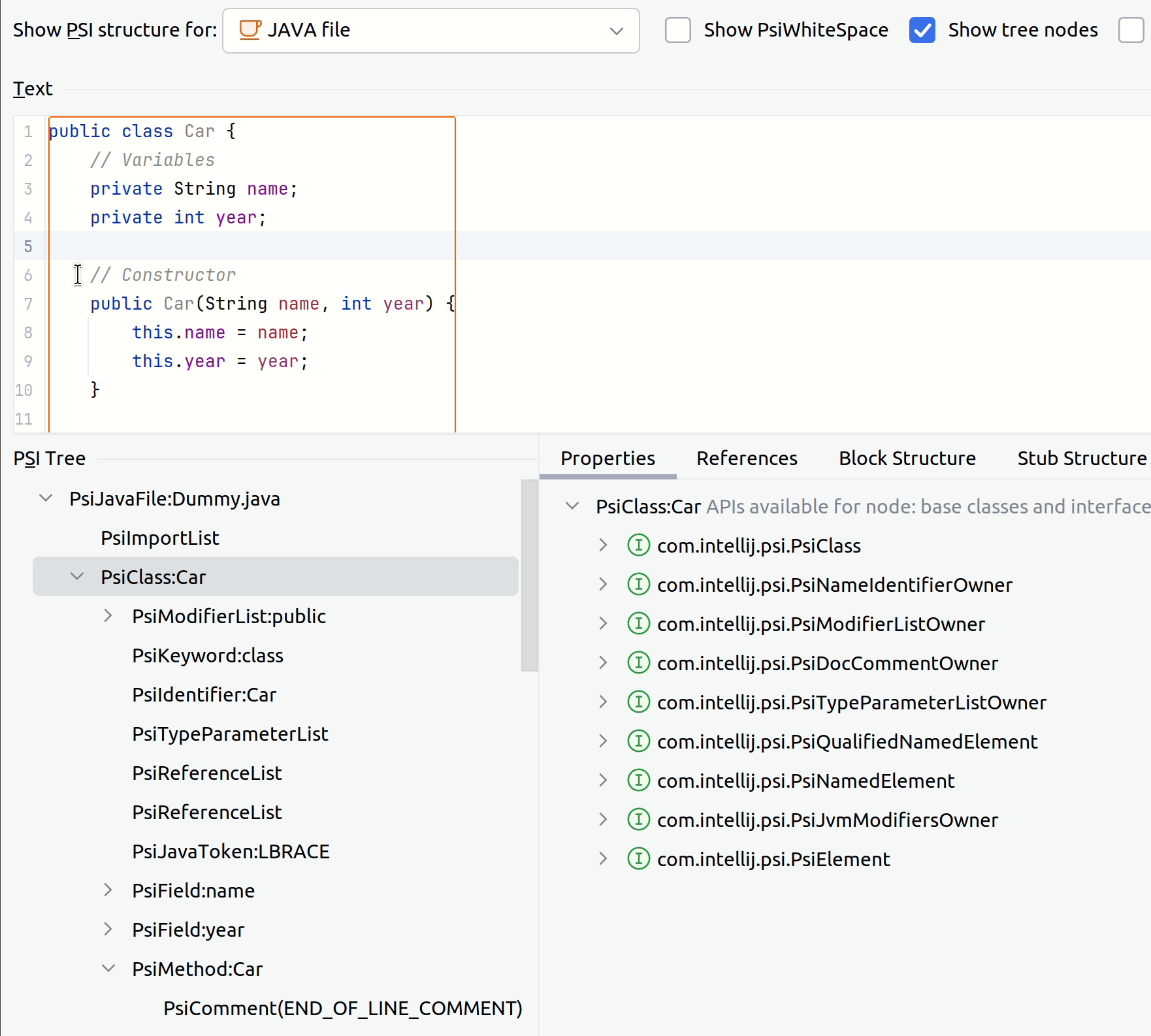 Reviewing a PSI tree of a file