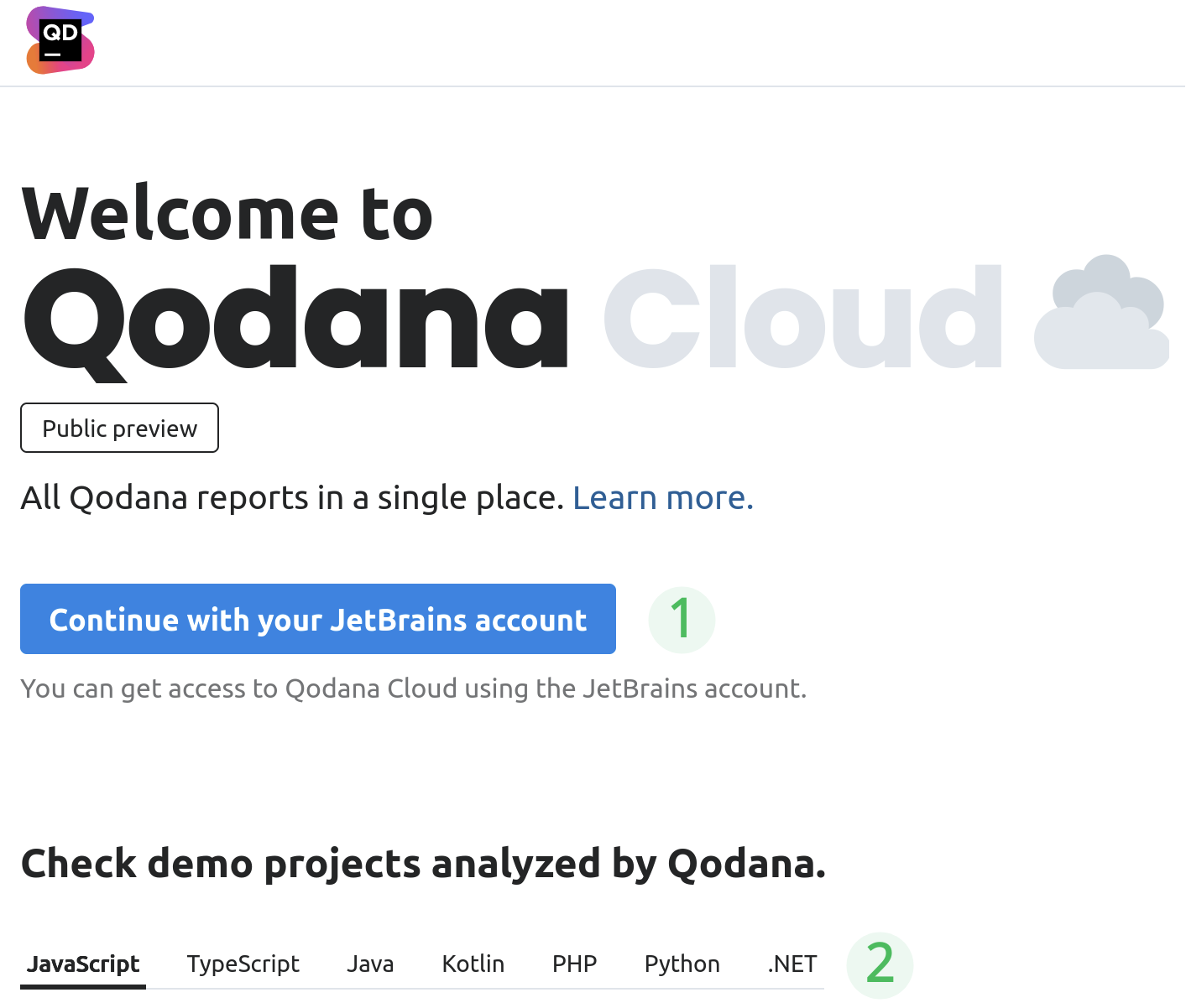 Qodana Cloud start page Qodana Cloud start page