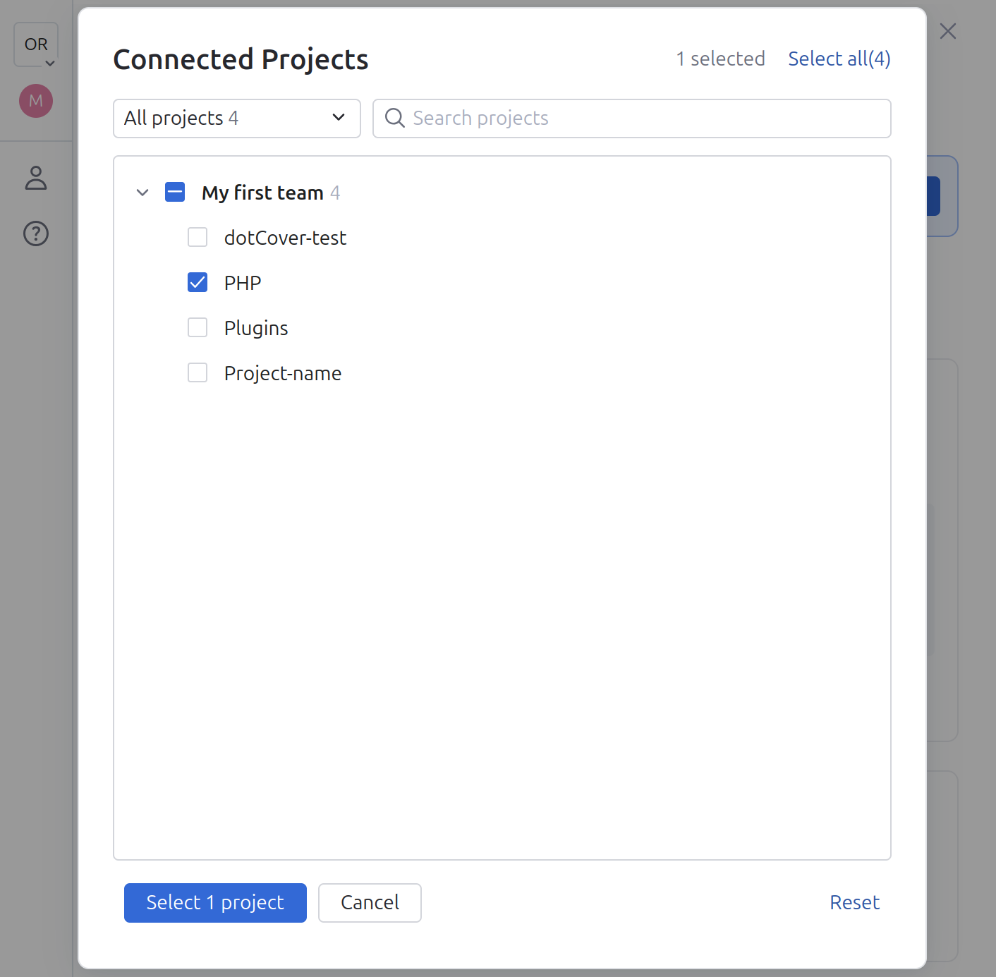 Select projects to connect Select projects to connect