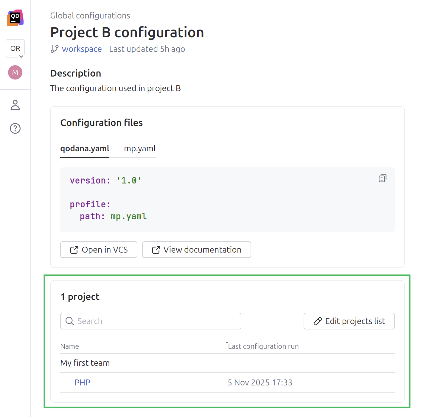 The list of connected projects The list of connected projects