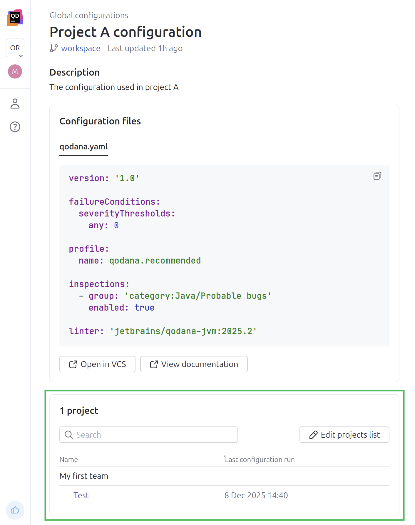 The list of connected projects
