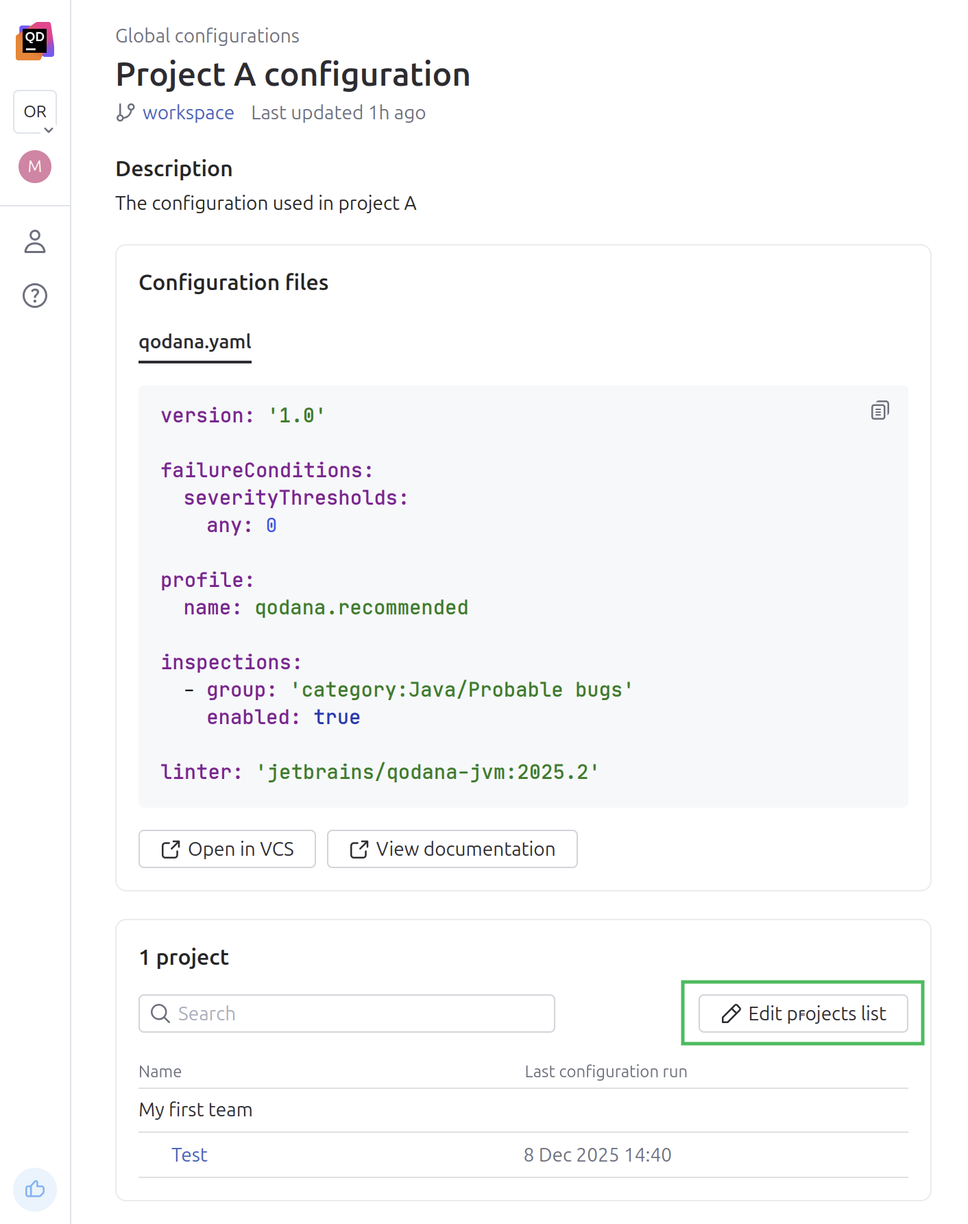 Edit projects list button