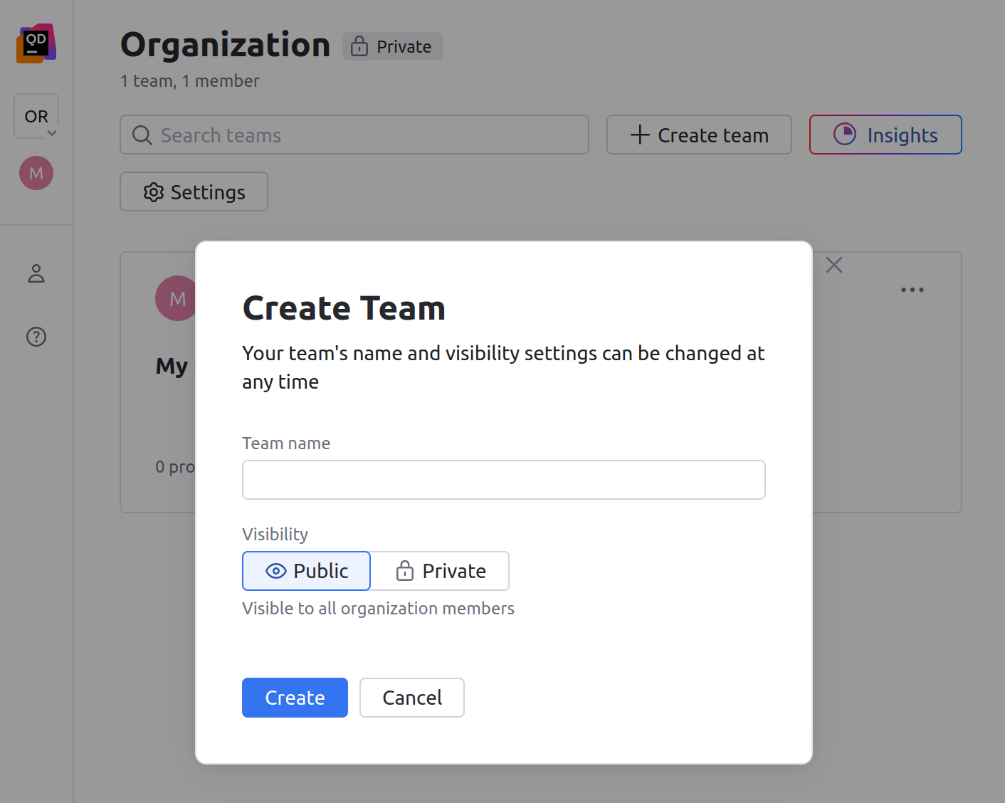 The New team dialog