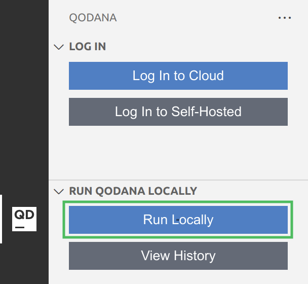 Clicking the Run Locally button in the Qodana view Clicking the Run Locally button in the Qodana view