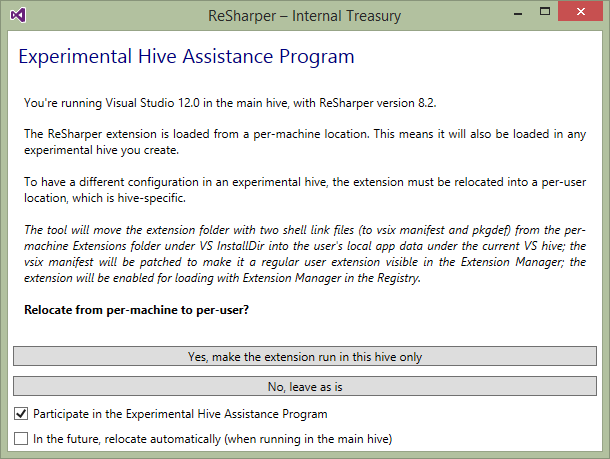 Dialog offering to relocate to a per-user registration