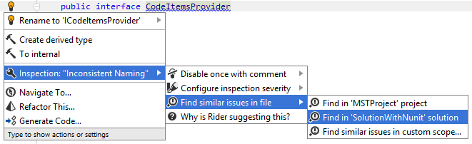 Rider: Using action list to find naming style issues