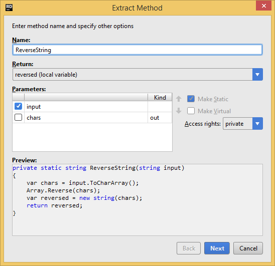 JetBrains Rider. Extract Method refactoring