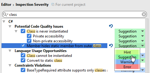 Changing inspection severity in the JetBrains Rider Options dialog