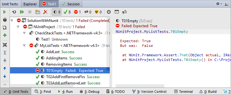 A unit test session displayed in the Unit Tests window