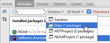 Rider: choosing a project to manage NuGet packages