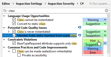 Changing inspection severity in the JetBrains Rider Options dialog