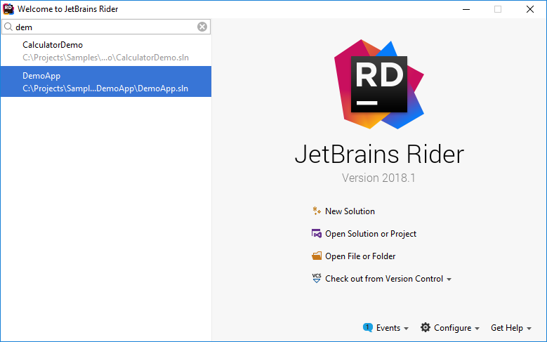 JetBrains Rider welcome screen