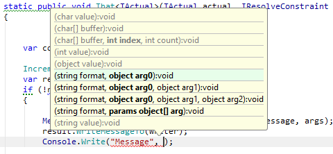 Viewing available method signatures using the JetBrains Rider's parameter information tooltip