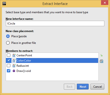 JetBrains Rider. Extracting interface from a class