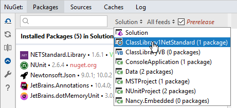 JetBrains Rider: choosing a project to manage NuGet packages
