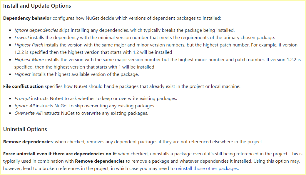 Visual Studio package manager options