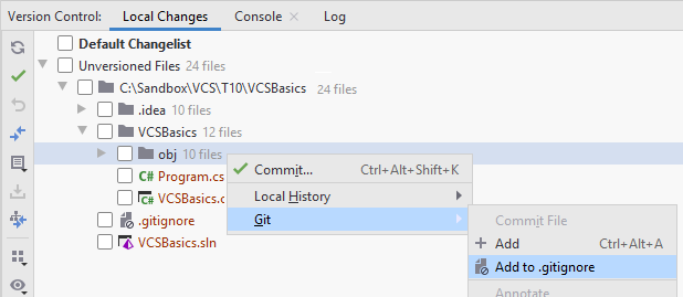JetBrains Rider: adding files to .gitignore