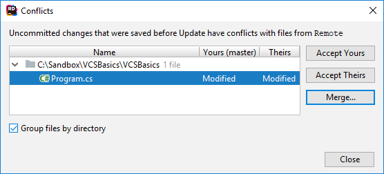 JetBrains Rider: VCS operation conflicts dialog