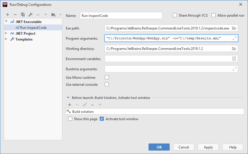 JetBrains Rider run configuration: .NET Executable JetBrains Rider run configuration: .NET Executable