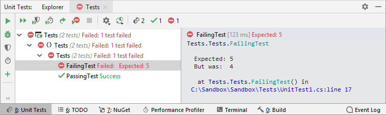 JetBrains Rider: Unit test execution results JetBrains Rider: Unit test execution results