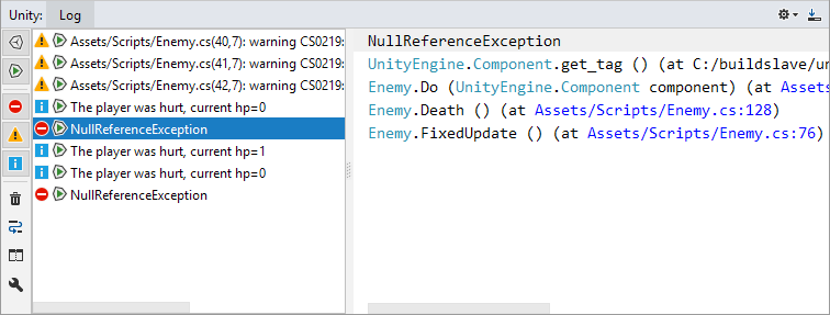 Unity log window Unity log window