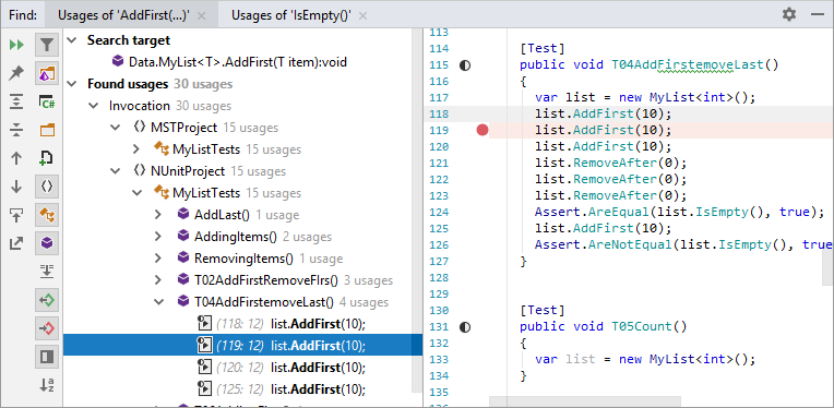 JetBrains Rider: Find results window JetBrains Rider: Find results window