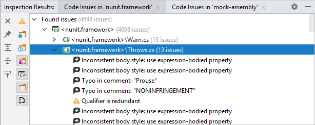 Detected code issues in the Inspection Result window Detected code issues in the Inspection Result window