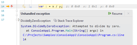 JetBrains Rider: exception stack trace JetBrains Rider: exception stack trace