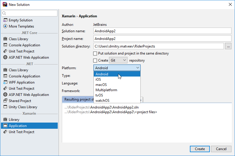 JetBrains Rider:新しいソリューションウィザードXamarin JetBrains Rider: New Solution wizard. Xamarin