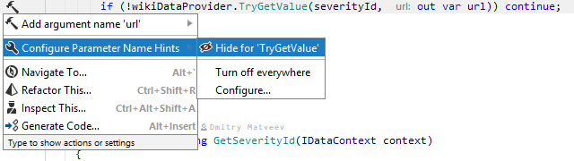 JetBrains Rider: configuring parameter name hints from the Alt+Enter menu JetBrains Rider: configuring parameter name hints from the Alt+Enter menu