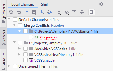 The Merge Conflicts node in the Local Changes view The Merge Conflicts node in the Local Changes view