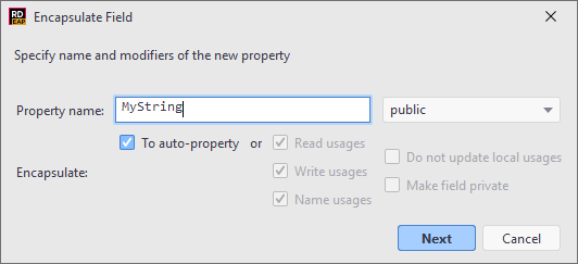 JetBrains Rider. Encapsulate Field refactoring JetBrains Rider. Encapsulate Field refactoring