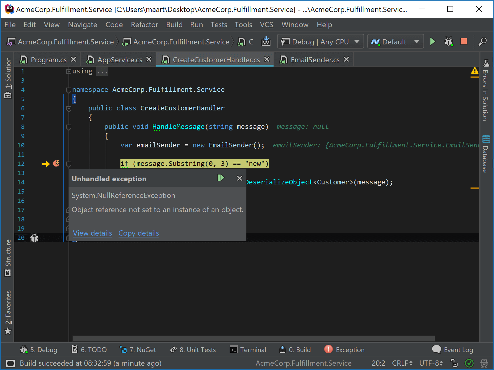 JetBrains Rider: Debugging unhandled exceptions. Exception popup and Exception details tool window