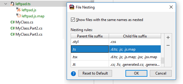 JetBrains Rider: Grouping related files using file nesting