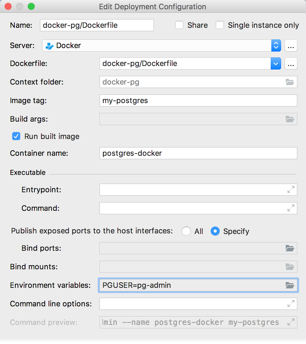 The Edit Deployment Configuration dialog with environment variables