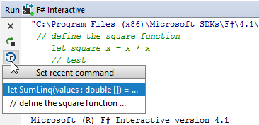 JetBrains Rider: F# Interactive. Set recent command