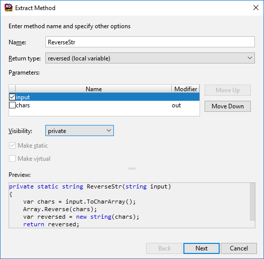 JetBrains Rider. Extract Method refactoring