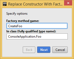 JetBrains Rider. Replace Constructor with Factory Method refactoring