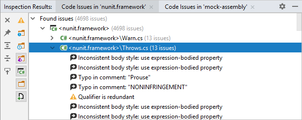 Detected code issues in the Inspection Result window