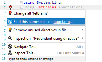 A quick-fix that automatically fetches JetBrains.Annotations package from NuGet