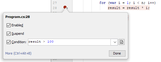 JetBrains Rider: conditional breakpoints