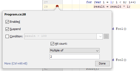 JetBrains Rider: breakpoints. hit count