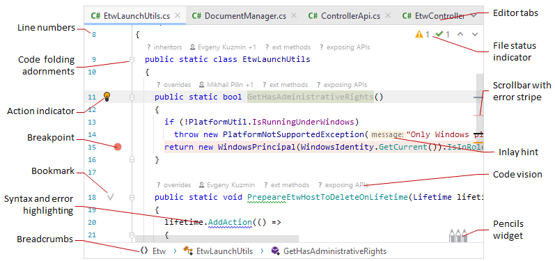 JetBrains Rider: visual elements of the editor